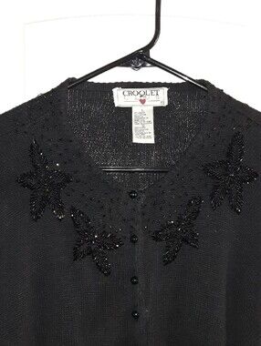 Vintage 90s Croquet Club Black Beaded Cropped Cardigan Sweater Large Whimsigoth